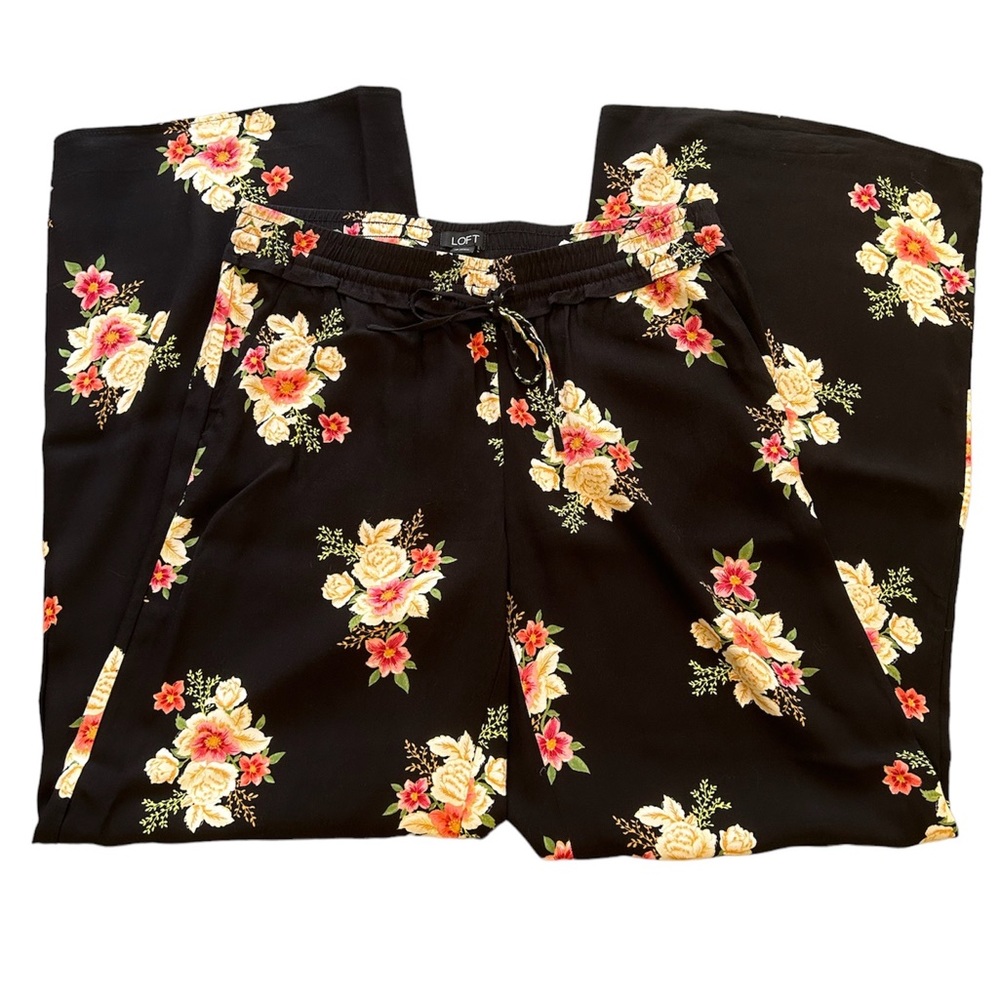 LOFT Wide Leg Flowy Palazzo Pants Black with Pink Flowers SIZE XS